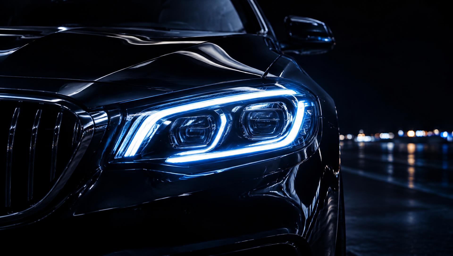 Illuminated modern car headlight at night